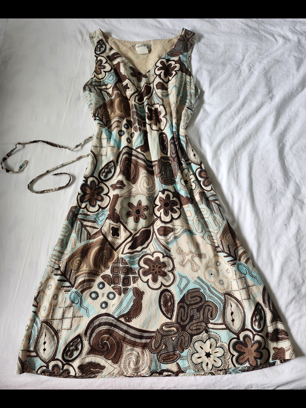Vintage Dress With Tie Waist In Brown & Blue